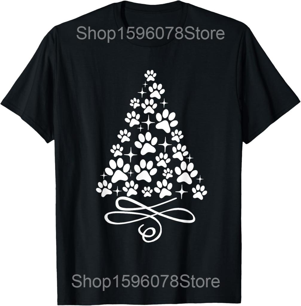 Dog Paws Print Christmas Tree Lights Dog Lover T Shirts Men Cotton Humor Streetwear Tee Shirt Short Sleeve Unisex Loose Clothing