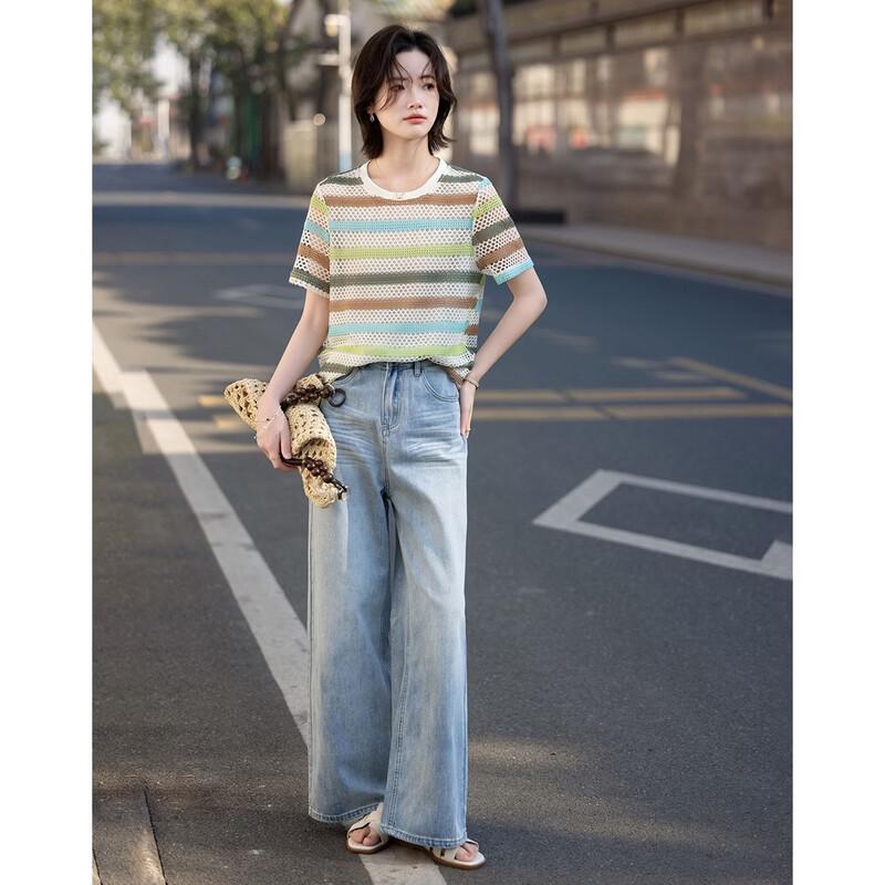 De Mana Women's Cloud Cotton Striped Short-Sleeve T-Shirt