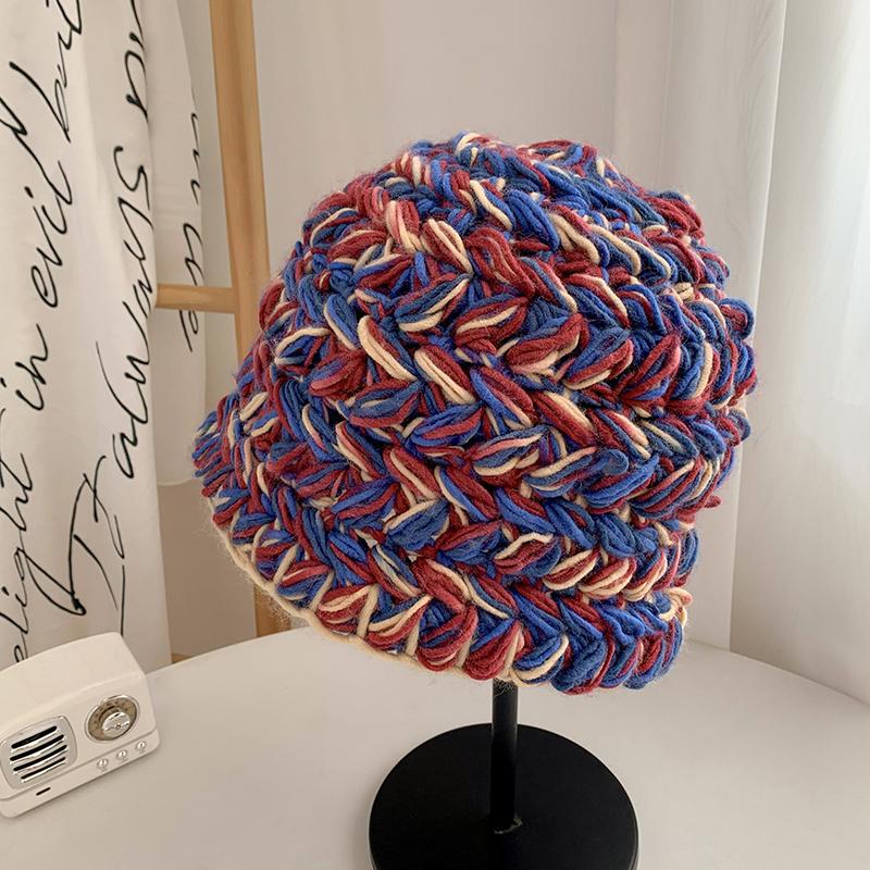 

Color coarse knitted wool hat women s autumn and winter loose face small bucket hat big head circumference hat tide adult (56-58cm)