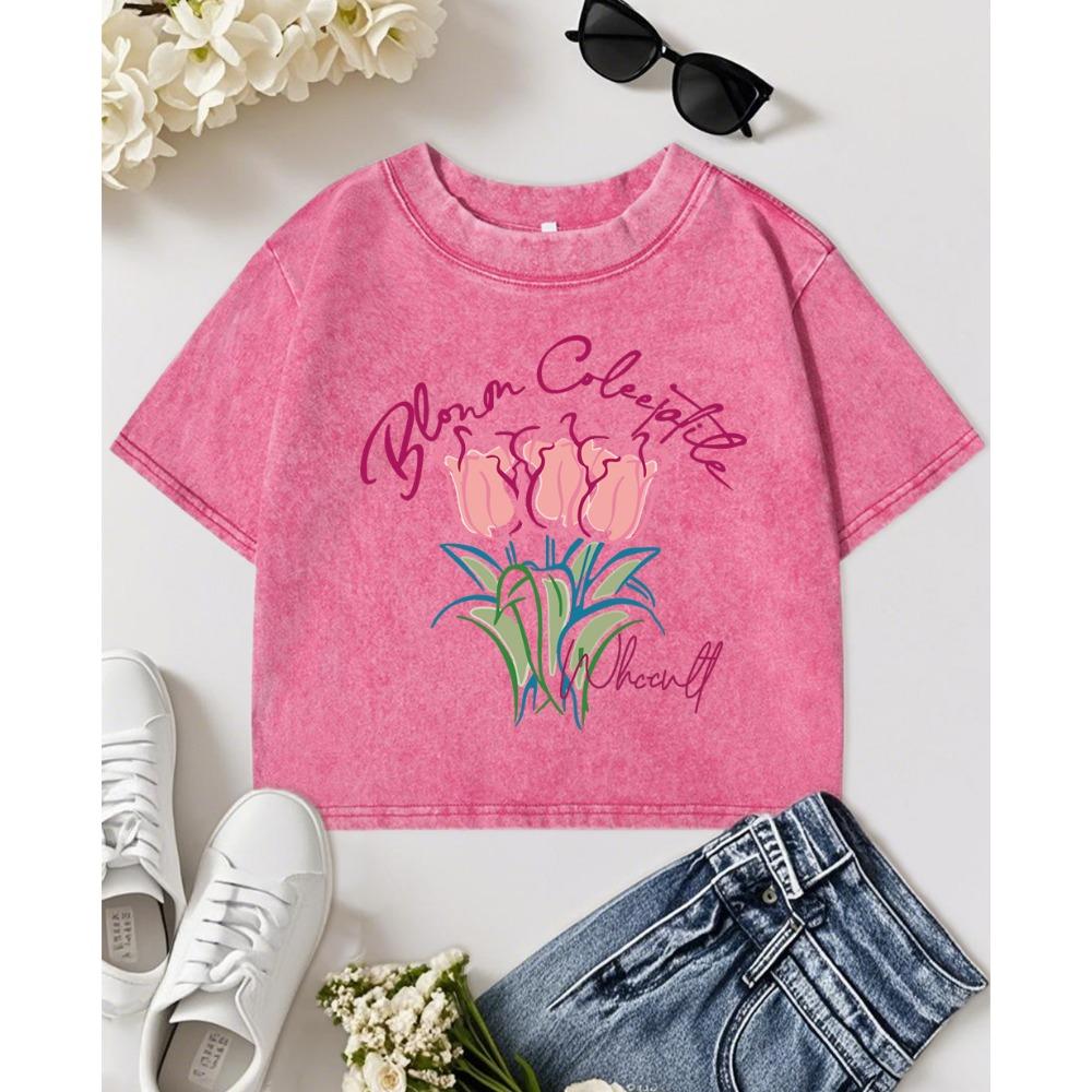 

Тюльпан Искусство Букет Принт Письма Выстиранная Укороченная Футболка Женская Мягкая Футболка Повседневная Спортивная С Коротким Рукавом Y2K Круглый Вырез Одежда XL