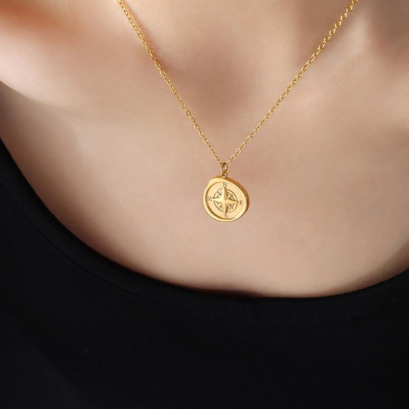 Elegant Round Compass Pendant Necklace with 18K Gold-Plated Titanium Steel Chain - European & American Style