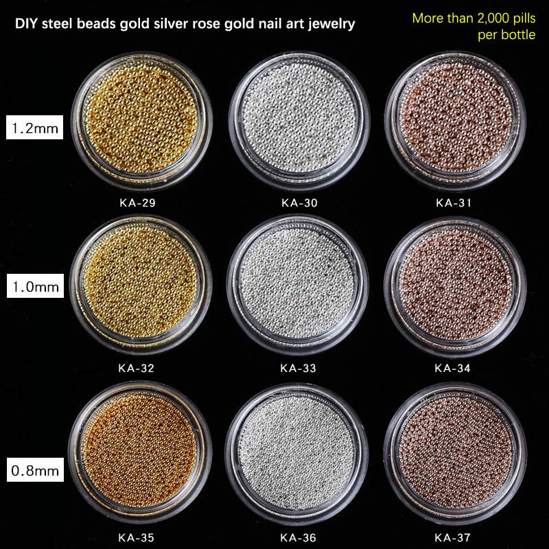 Caviar Nail Nails Gold And Silver Steel Beads Do Not Fade 1.2Mm Metal Microbeads 1000 Round Box Nail Jewelry