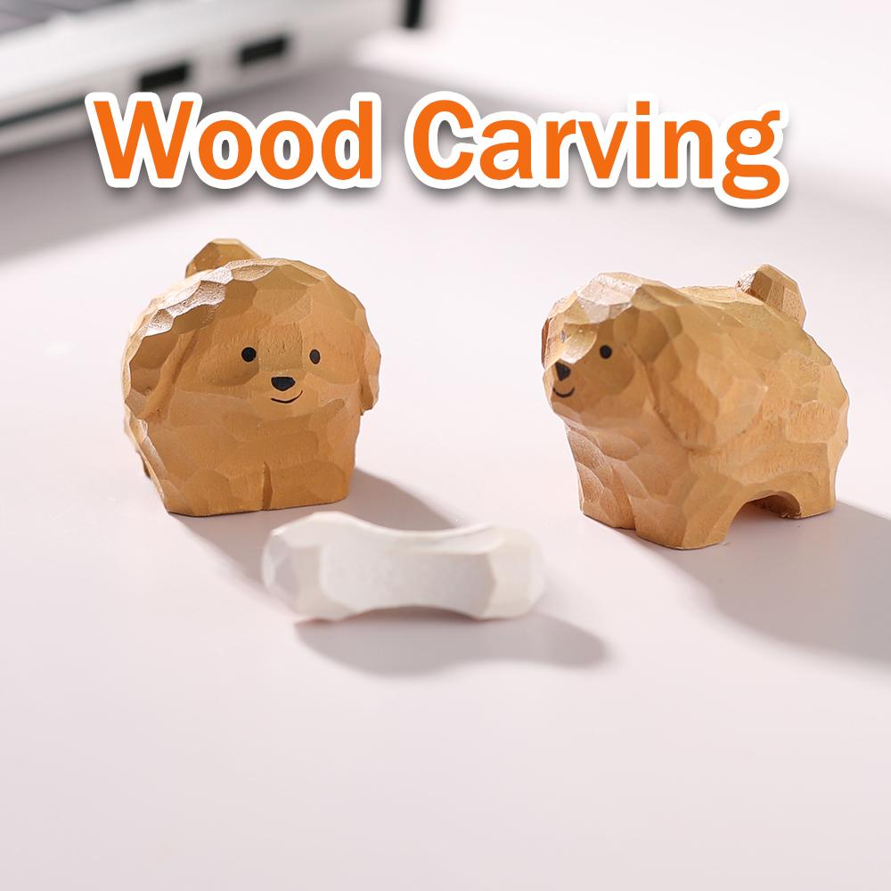 Handcrafted wood carving Home decorations desk accessories room decor Handmade Puppy Statue Hand-carved Puppy and Bone Statue