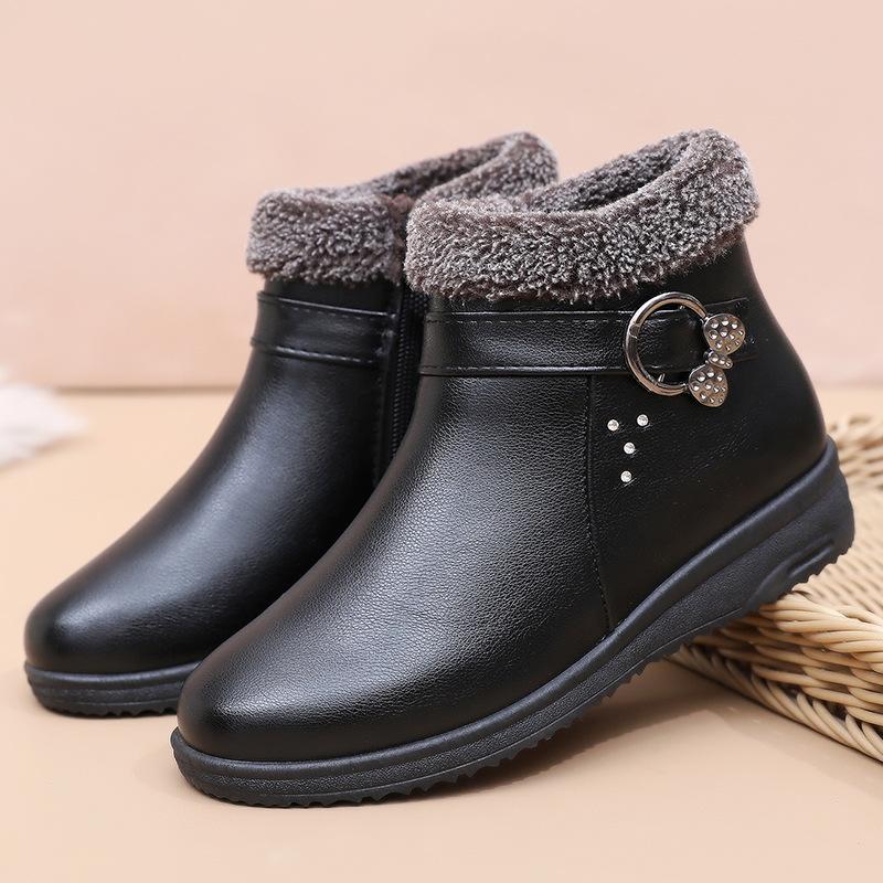 Warm Elderly Cotton Shoes Women's Winter Shoes Fleece Non-slip Flat Sole Soft Sole Comfortable Leather Shoes Lightweight