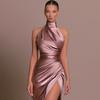 Halter Sleeveless Slit Slimming Dress Summer Stand-up Collar Dress