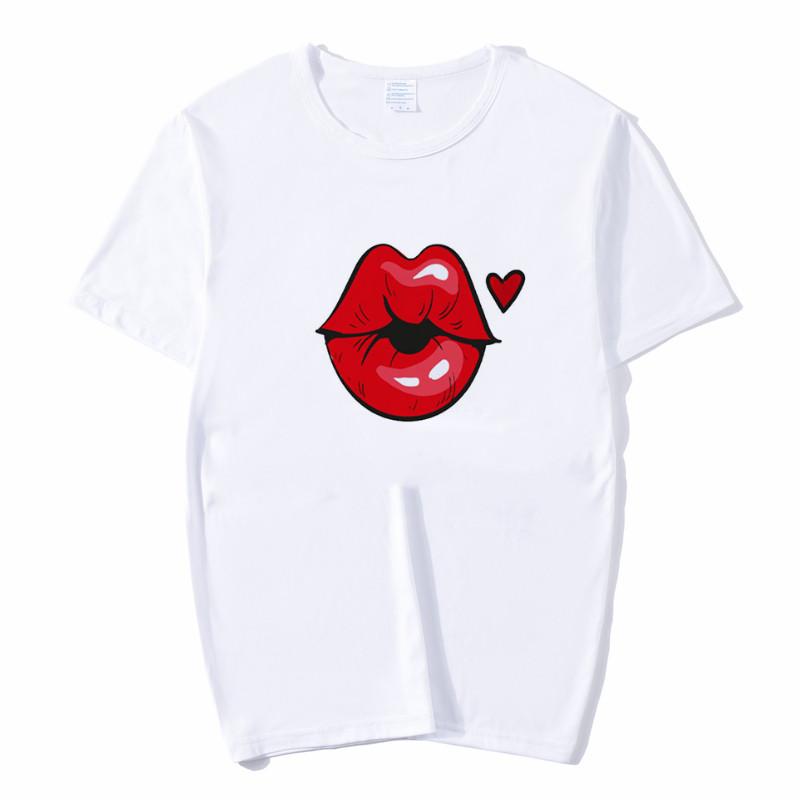Summer Tops Red Mouth Lip Kiss Printed Women Fashion Tshirt Funny Leopard Graphic Tee