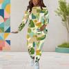 Women Plus Size Two Piece Set Round Neck Long Sleeve Printed Top And Fitted Pants