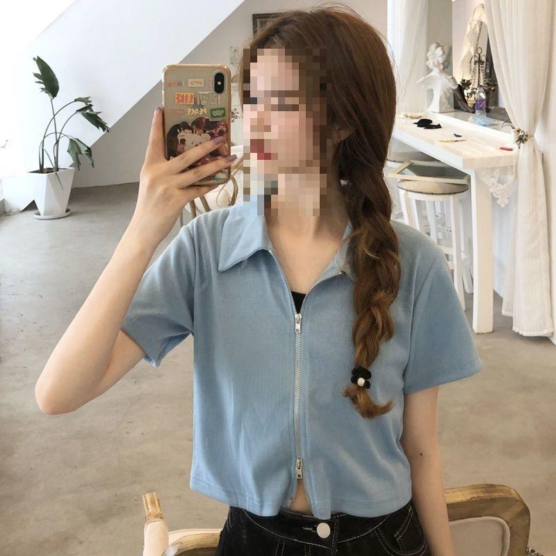 Women's Turn Down Collar Short Sleeve Blouse Loose Fit Cropped Zip Front Solid Color Korean Casual Summer Crop Shirt Top