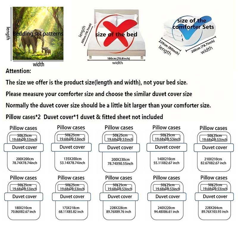 Elefantenmutter und Kalb im sonnenbeschienenen Wald Druck Bettwäsche-Set 1 Bettbezug 2 Kissenbezüge für Erwachsene Kinder Luxuriöses Geschenk Vollgröße
