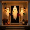 Remote Control Party Lights Halloween Lighted Hanging Ghost with Broom Decor, Flying Broomstick Ornaments Battery Operated Yard Lights, 8 Modes