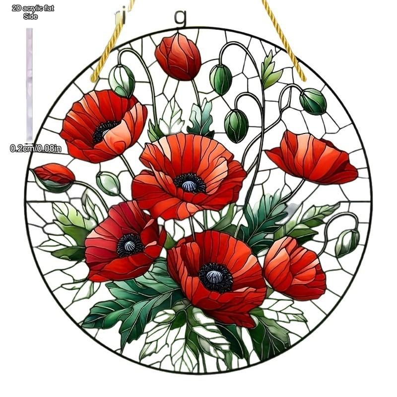 Red Poppy Flowers Decoration Wall Hanging Pendant, Sun Catcher, Acrylic Garland Sign- Light - Catching Window Decor, Novelty Home Deco