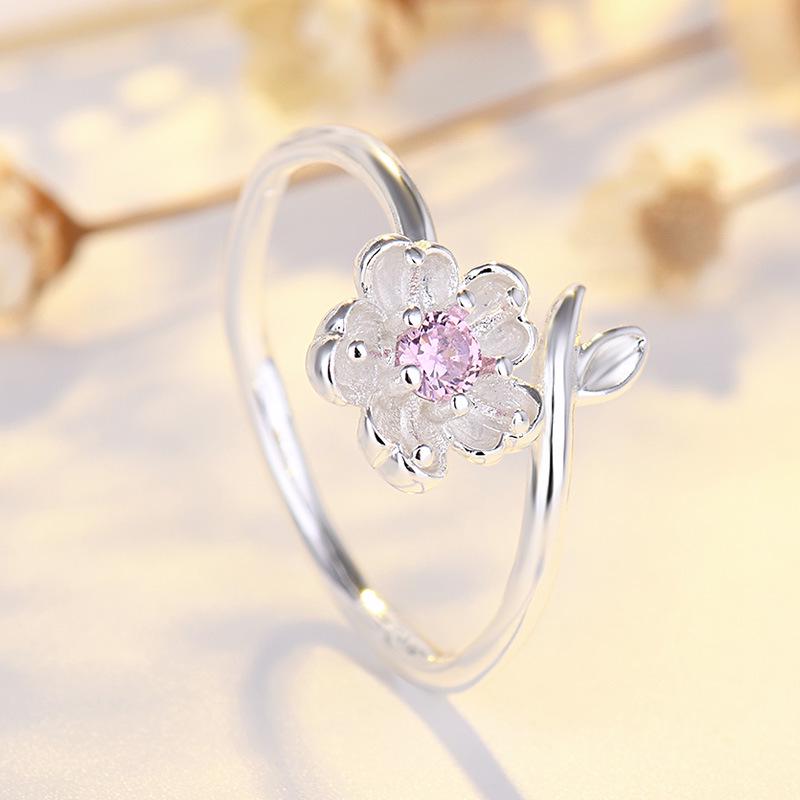 Qiao Lan Xuan Cherry Blossom Diamond-Studded Silver Adjustable Ring - Korean & Japanese Style for Women and Students