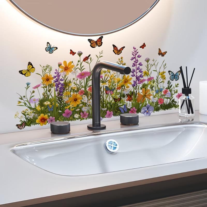 Fresh Flower Pattern Wall Sticker Waterproof Non-Marking Sink Area Background Decal for Bathroom Kitchen Decor