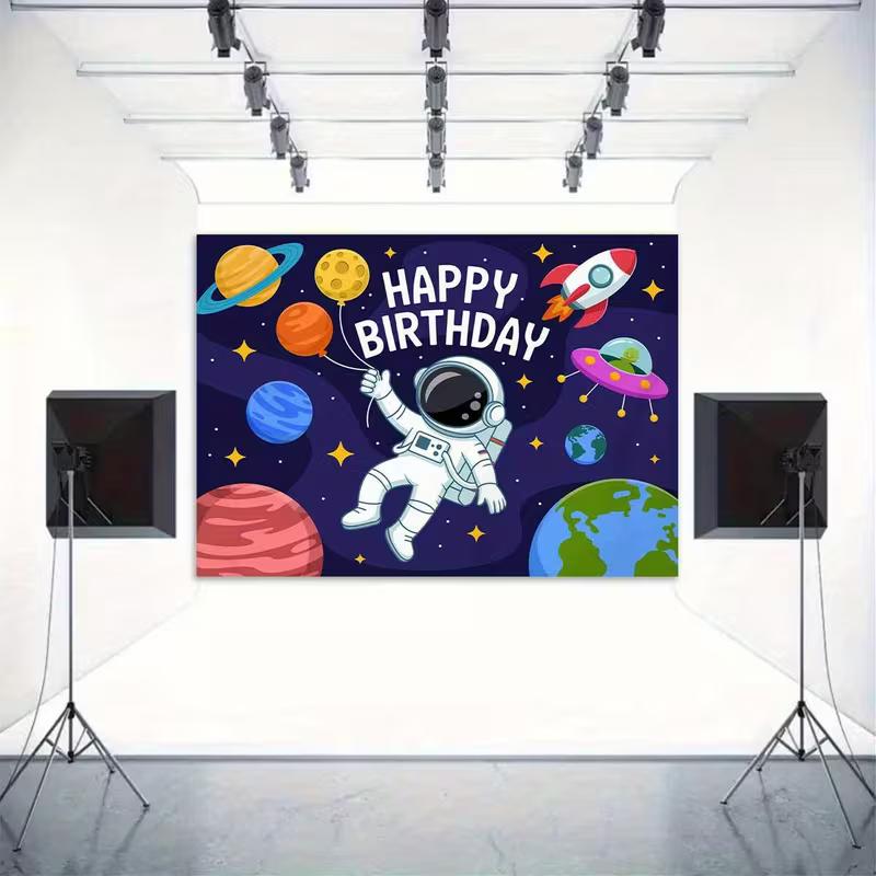2D Astronaut Space Happy Birthday Backdrop Kids Birthday Party Photography Background Banner