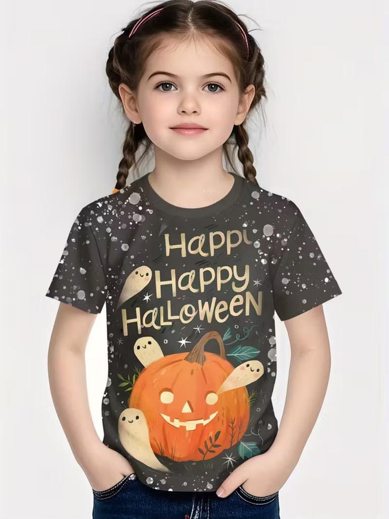 T-Shirt for Girls Halloween Cartoon Pumpkin Print Round Neck Short Sleeve Tops Fashion Girls Clothes Holiday Children's Clothing