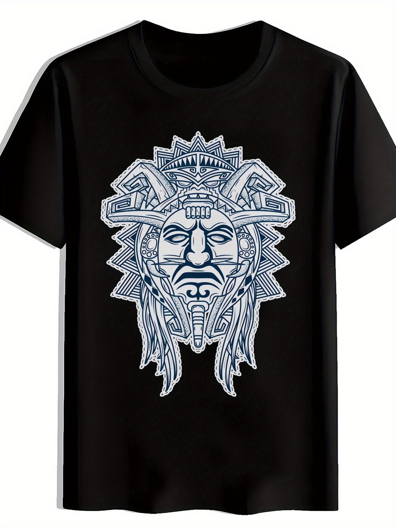 Black T-shirt with Intricate Mayan-Inspired Graphic Print - Short Sleeve XXXXL