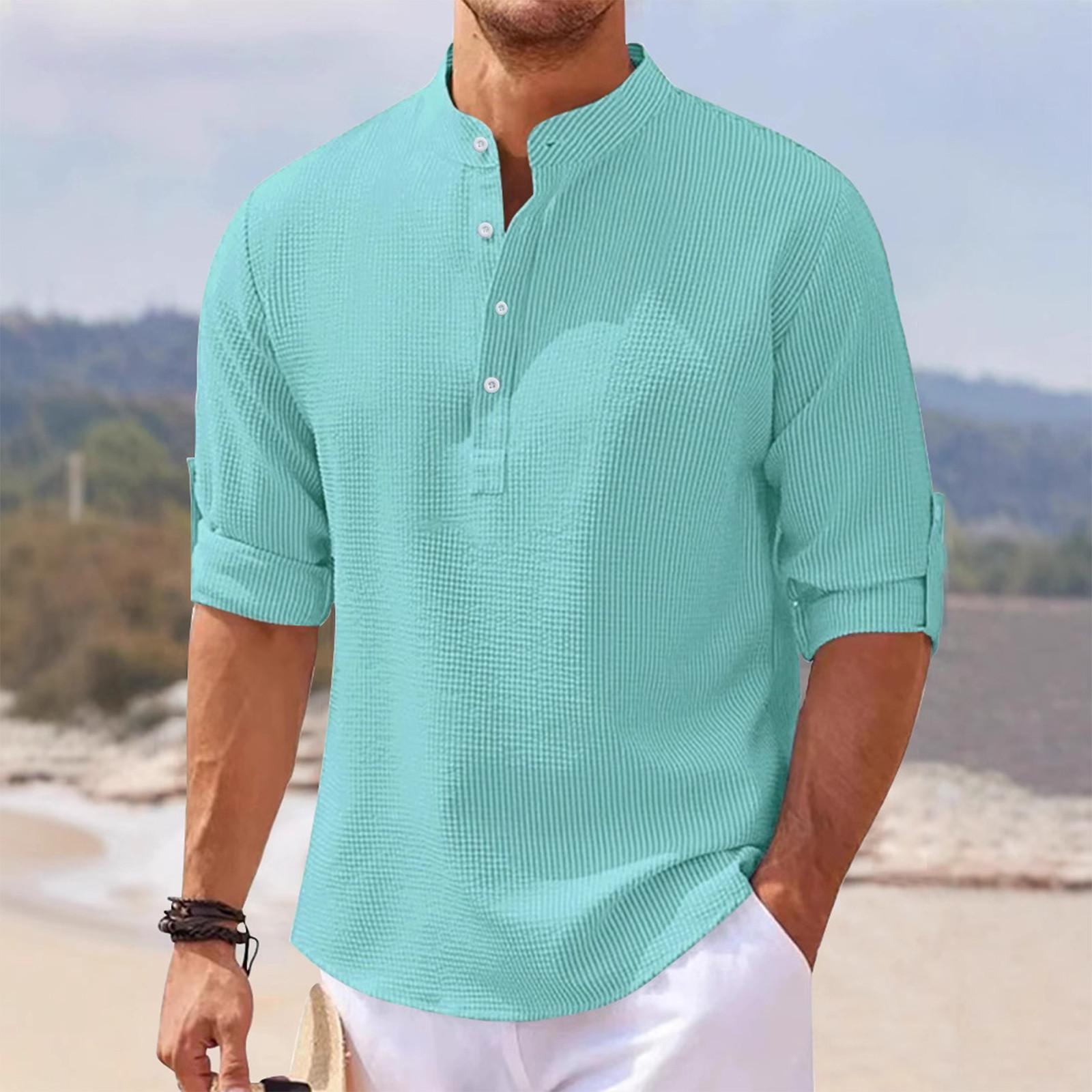 

Men S Fashion Stand Up Collar Solid Color Shirt Casual Long Sleeved Top L