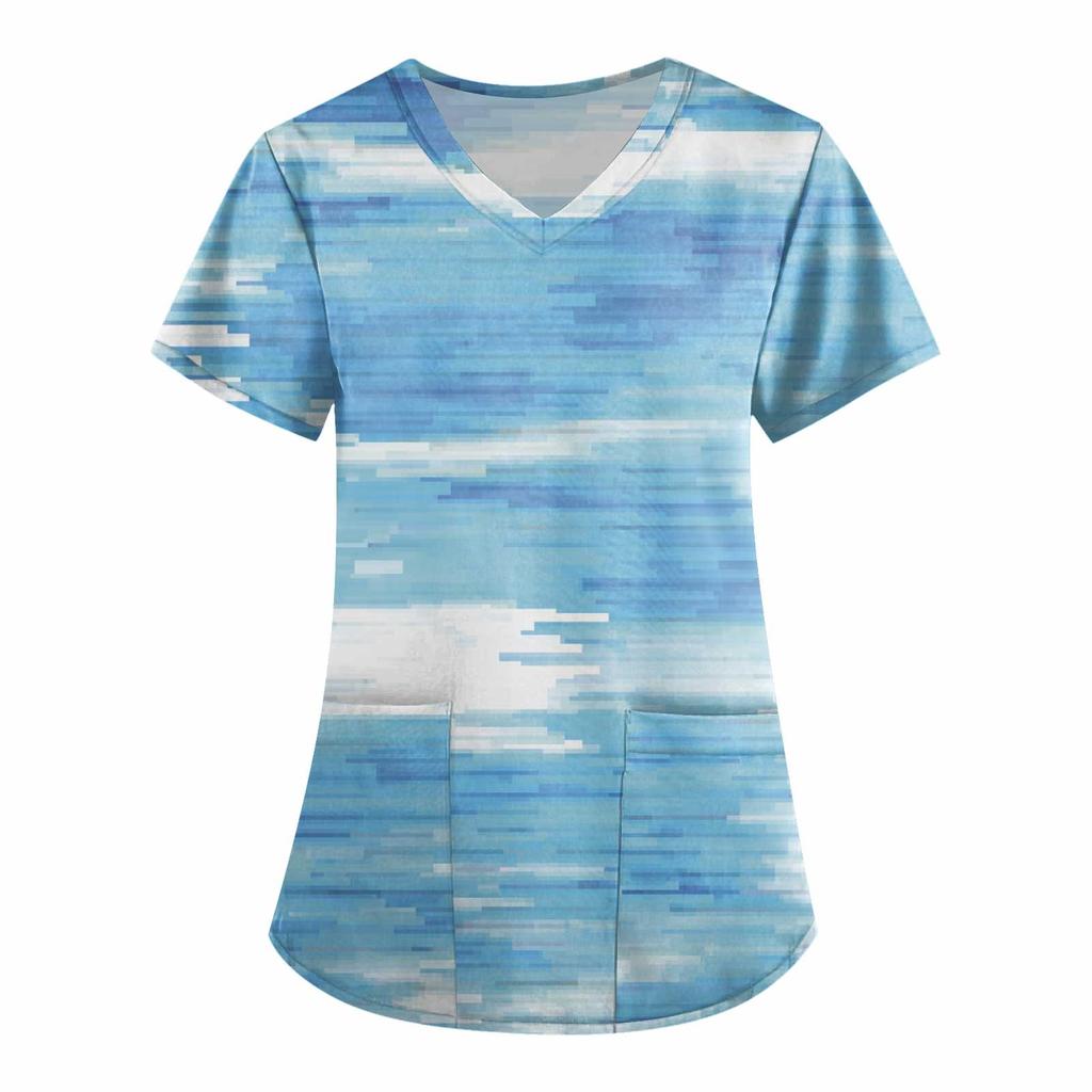 Damesmode werkkleding met V-hals, korte mouwen en bedrukte zakken