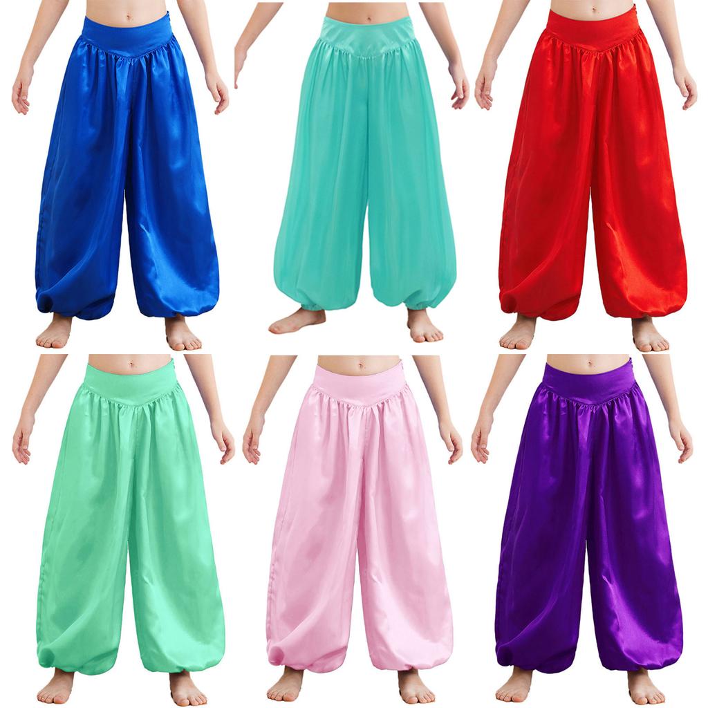 Girls Belly Dance Pants Side Invisible Zipper Wide Leg Satin Bloomers Stage Performance Costume