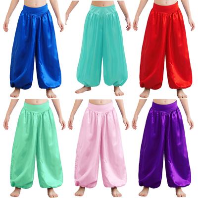 Girls Belly Dance Pants Side Invisible Zipper Wide Leg Satin Bloomers Stage Performance Halloween Party Pants