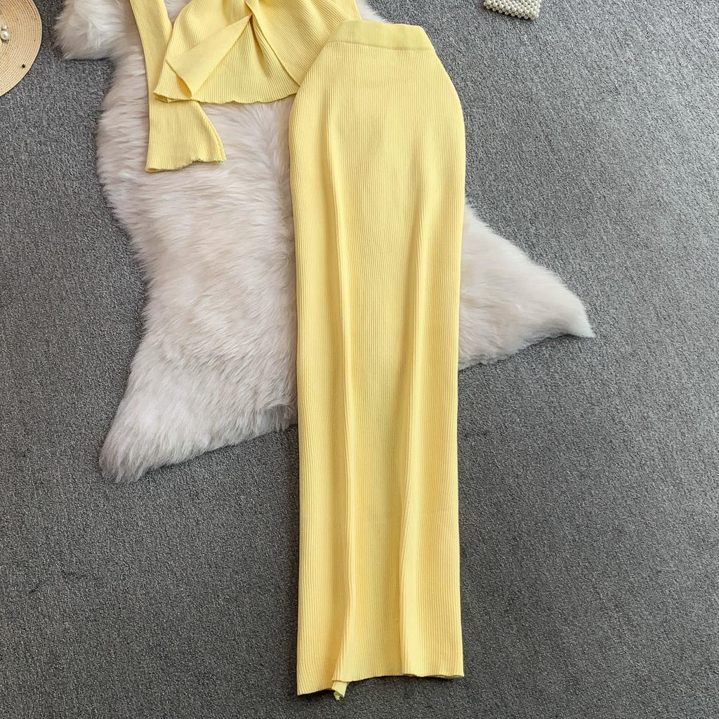 Spring Autumn Women Elegant Knitted Sweater Office Two Piece Set V-neck 3D Flower Pullover Tops and Long Maxi Sheath Skirt Outfits