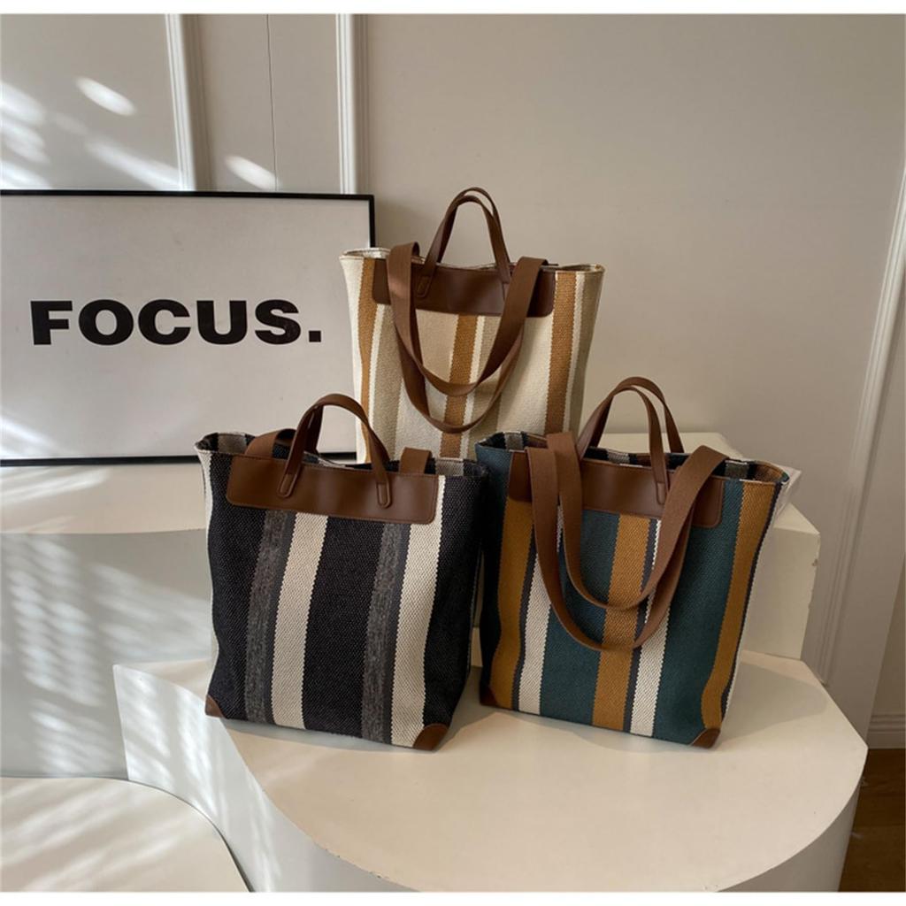 KSLAT Women's Shoulder Bag, Tote Bag, Large Capacity, Canvas Bag, A4 Size, Striped Pattern, Casual and Cute, Perfect for Travel, Commuting, School,