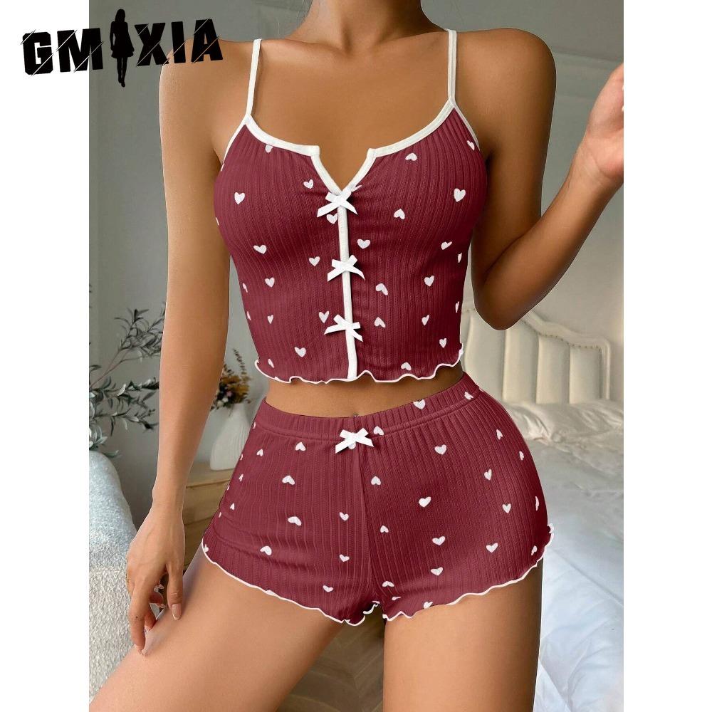 

GMXIA Тонкий женский домашний костюм с шортами на бретелях, перекрещенной спинкой, полосками под мышками, ложным разрезом и европейской и американской пижамой XL ярко-розовый