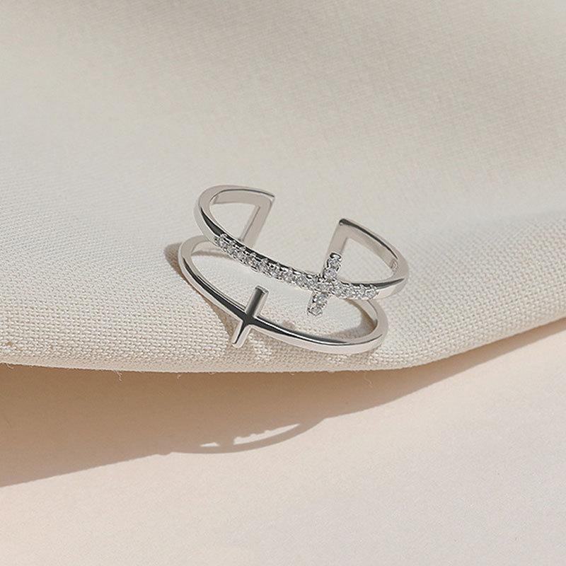 New Seiko Cross Double Layer Ring for Women's Niche Design Ins Cool Style Fashion Versatile Non Fading Open Ring