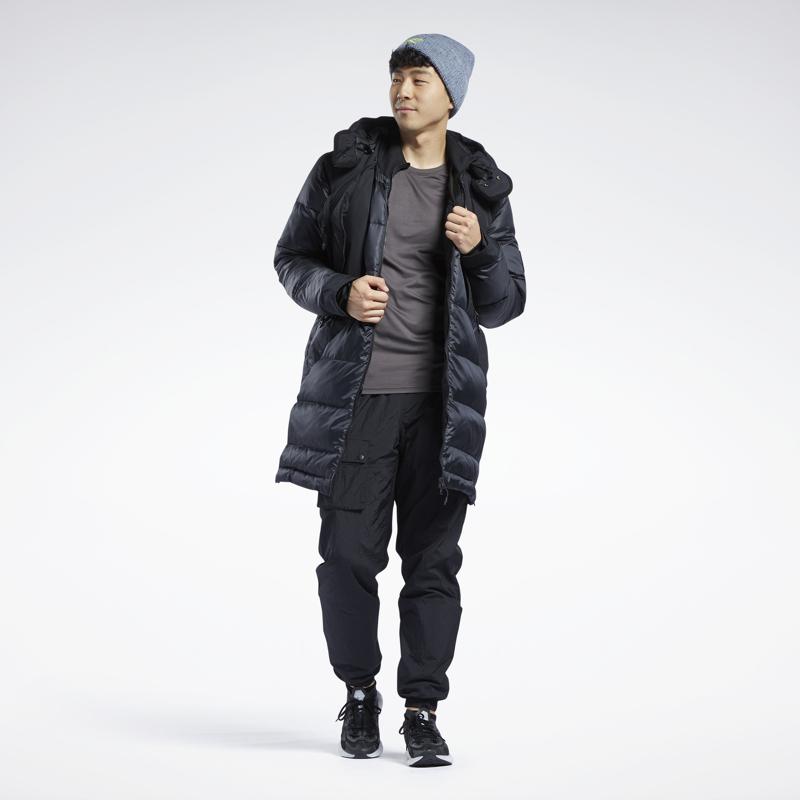Reebok Einfarbige lange Kapuzen-Casual-Warm-Daunenjacke Herren Oberbekleidung Schwarz GU5756