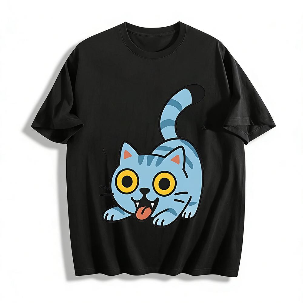 

Goofy Tongue-Out Blue Cat Print Casual T-Shirt Unisex Loose Breathable Daily Crewneck Top Pure cotton T-shirt XXS