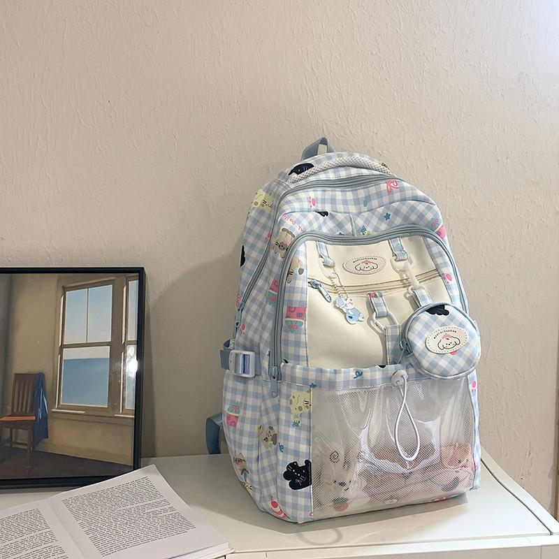 Capacity Large Backpack With Grid And Cartoon Dog Cat Print Design Daily For