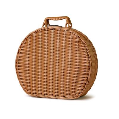 Hasır Görünümlü Saklama Sepeti Vintage Yuvarlak Rattan Örgü Saplı Bavul Saklama Kutusu için