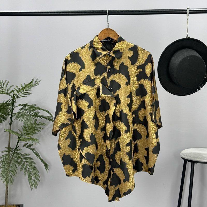 Men's Gold Leopard Print Short Sleeve Shirt, Shiny Satin Button Down Top, Casual Streetwear Oversized Shirt