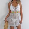 Vestido de mujer: Vestido Sexy con Aberturas y Cuello Halter, Blusa de Playa con Parche de Flores Tejido a Mano