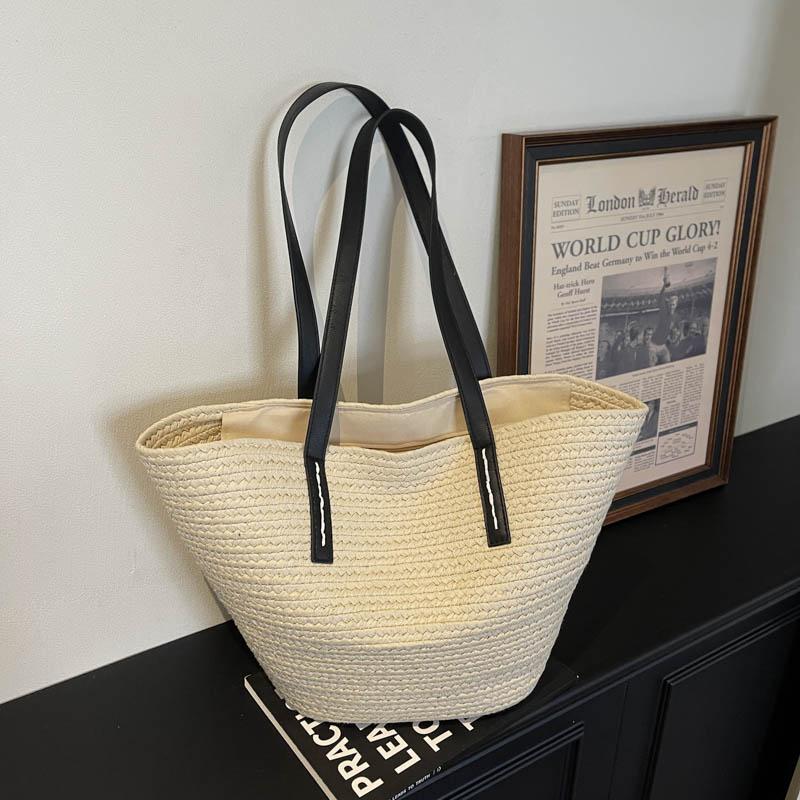 Borsa Tote in Paglia Intrecciata con Manici in Pelle Nera Grande Capacità Borsa da Spiaggia Estiva Borsa a Mano Casual da Donna per Uso Quotidiano