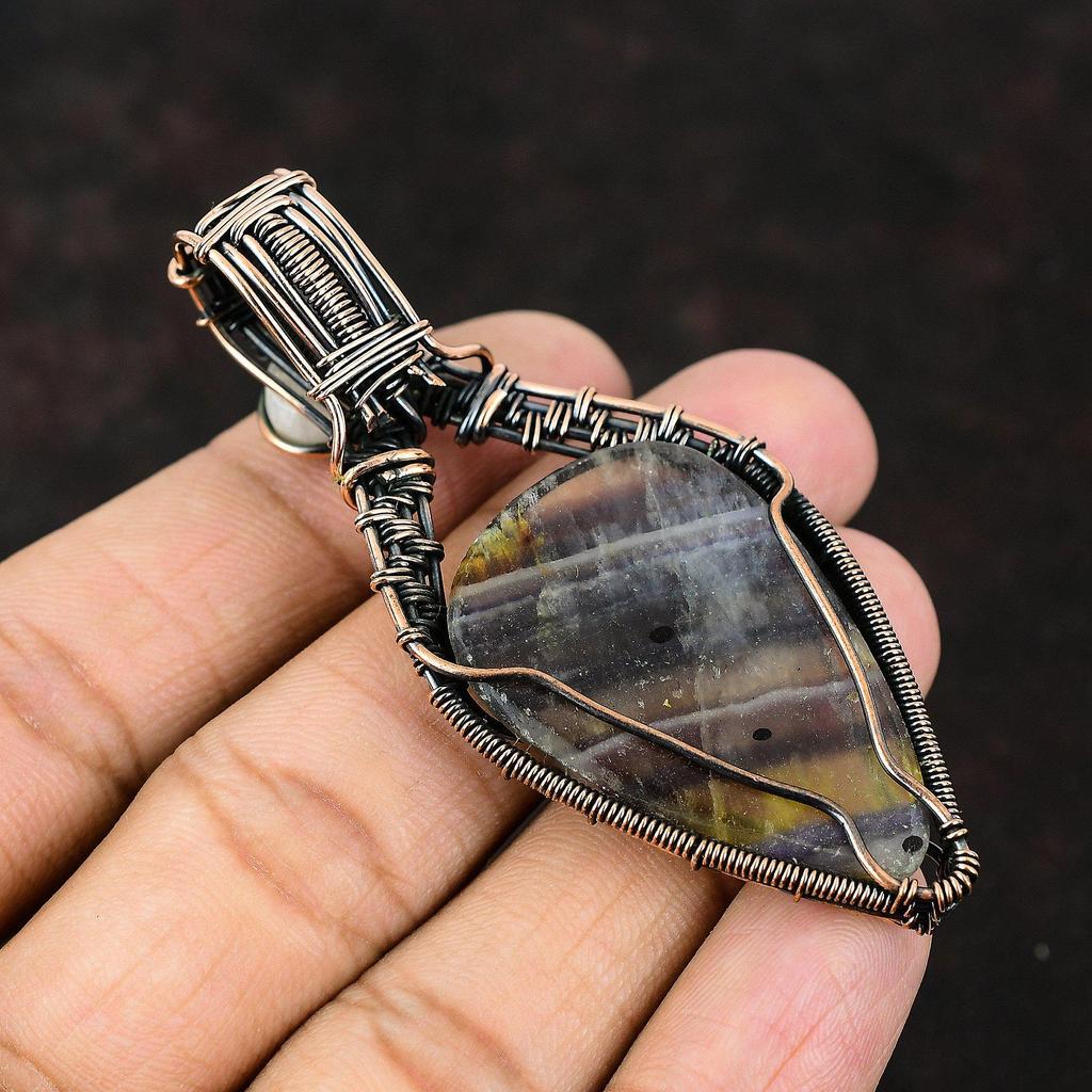 Multi Fluorite Pendant Copper Wire Wrapped Jewelry Rainbow Moonstone Gemstone Pendant Copper Wire Wrap Pendant Handmade Jewelry Gift For Her
