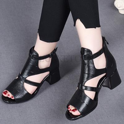 Fashion High Heeled Sandals Female New Summer Fish Mouth Shoes Chunky Heel Roman Back Zipper Sandals Solid Casual Sandales Femmes