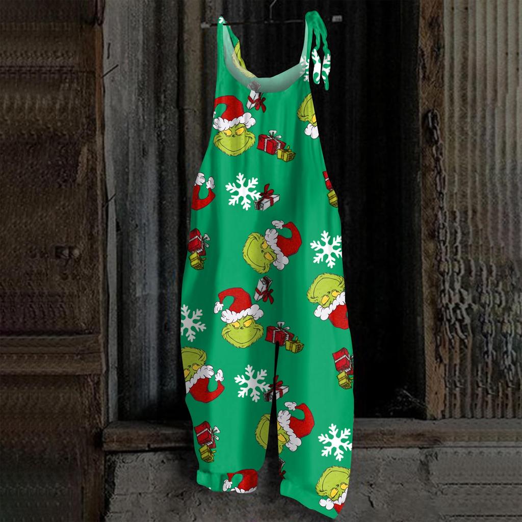 Damski kombinezon z nadrukiem Halloweenowym, casualowy, luźny, vintage, na ramiączkach, bawełniano-lniany