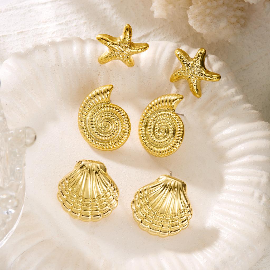 6pcs Gold Color Starfish Shell Stud Earrings Set for Women Ocean Series CCB Metal Textured Earring Boho Beach Party Jewelry