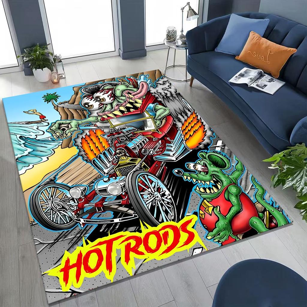3D Rebellious RAT FINK Auto's Bord Cartoon Vloerkleed voor Slaapkamer Woonkamer Bank Huis Deurmat Decoratie, Groot Kinder Speel Antislip Vloermat