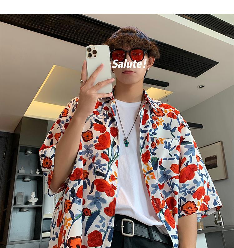 Men's Hawaiian Floral Short-Sleeve Shirt - Trendy, Lightweight, High-End Hong Kong Style Design