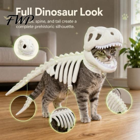 Night Walking Reflective Pet Apparel Glow In The Dark 3D Dinosaur Skeleton Costume, Plush Halloween Cosplay Outfit for Cats Dogs, Luminous Dino
