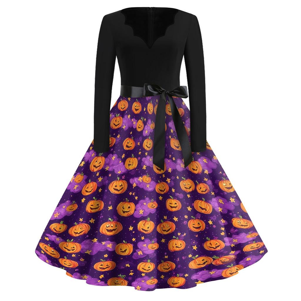 Women's Casual Halloween Dress V Neck Long Sleeve Retro Style Vintage Ghost Print Midi Dress with Waist Tie for Daily Wear