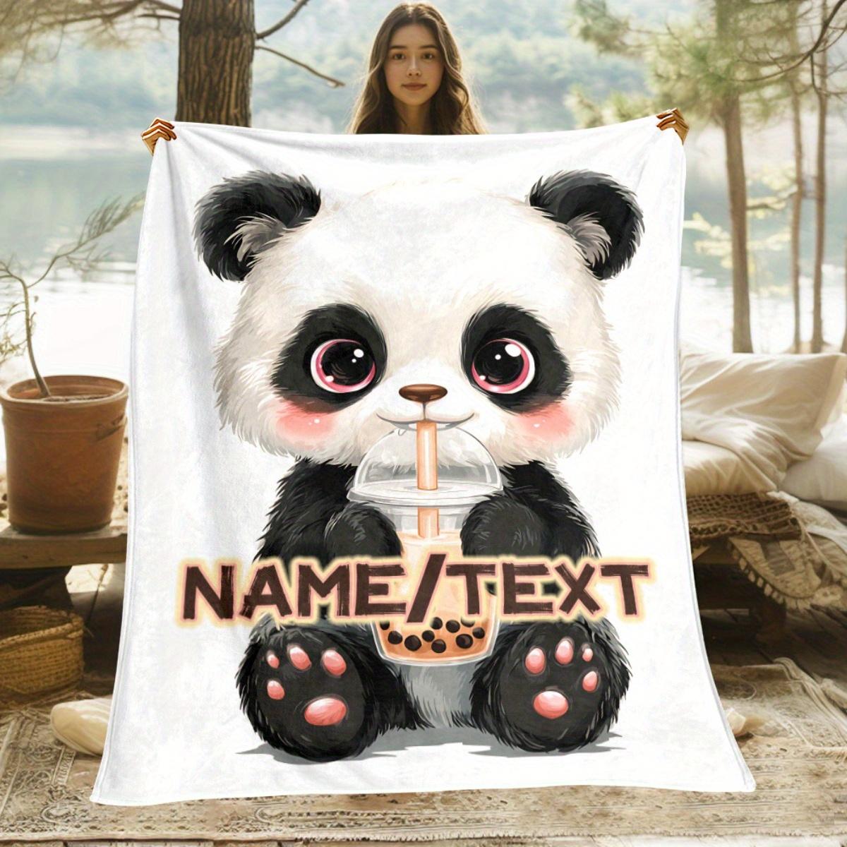 1 Stuk Gepersonaliseerd Custom Naam Panda Deken Schattig Panda Bubbels Thee Drinken Ontwerp Zacht Flanel Voor Bank Bed Kamperen Gezellig Cadeau 70x100cm28x39in white