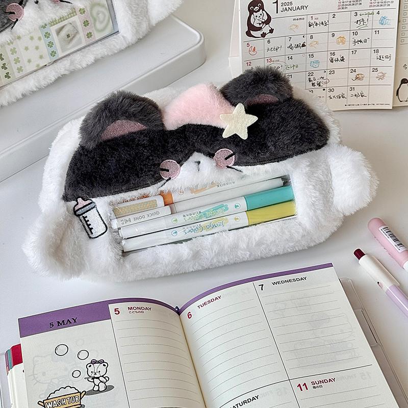 Cartoon Plush Cat Visual Pencil Case Cute Large Capacity Storage Pencil Bags Multi-functional Student Stationery Storage Box