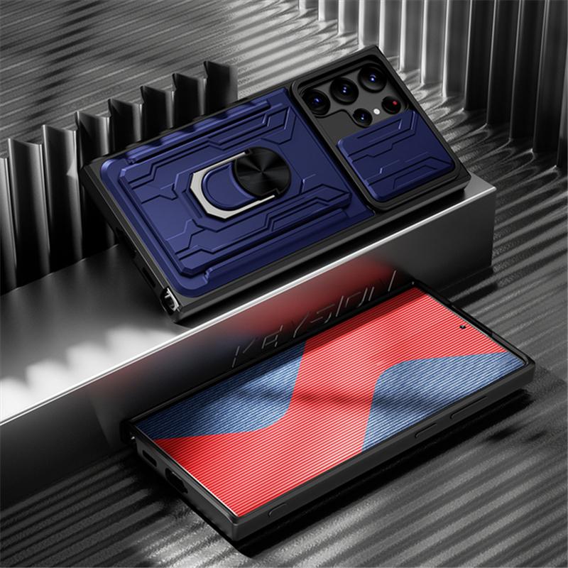 Phone Case For Samsung Galaxy S23 Ultra Plus Shockproof Card Holder Slide Camera Protection Armor Ring Cover On For Samsung S23 S23Ultra S23Plus Cases