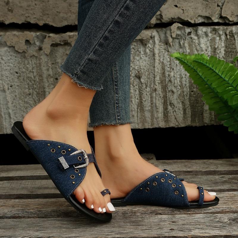 Women's Plus Size Summer New Denim Buttonhole Toe Flat Reversible Scalloped Buckle
