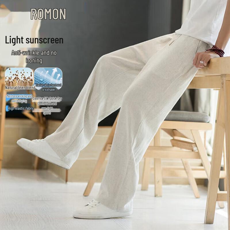 ROMON Men s Summer Linen Straight-Leg Pants 3XL