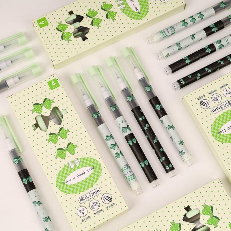 4Pcs Cute Cartoon Straight Liquid Type Ball Pens 0.5mm Black Drawing Neutral Pen Signature Pen Student School Office Supplies
