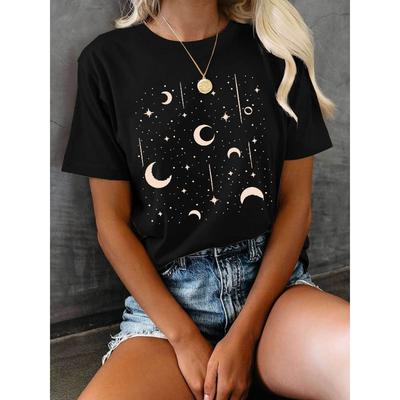 Europäische Größen Damen's Himmlisches Mond & Sterne Print T-Shirt - Kurzarm Rundhals Lässiges Oberteil, Schwarz mit Beigem Planeten & Halbmond Design